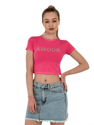 Kadın Taşlı Kısa Kollu Yazlık Beyaz Crop Tişört