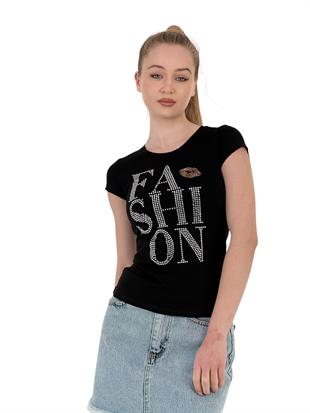 Kadın Taşlı Öpücüklü Baskılı Kısa Dar Tişört