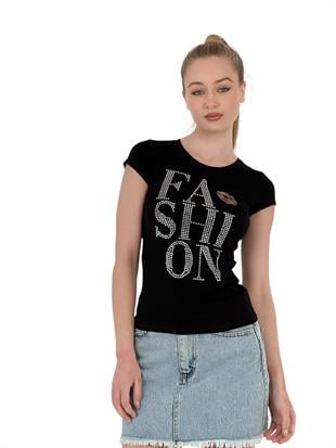 Kadın Taşlı Öpücüklü Baskılı Kısa Dar Tişört