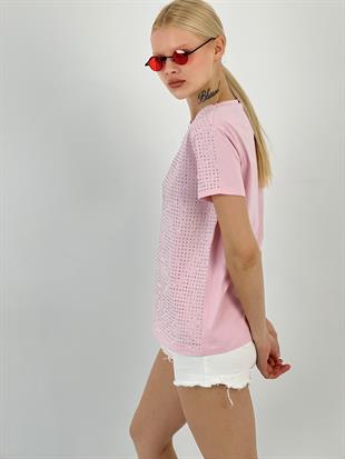 Kadın Taşlı Pembe Tişört