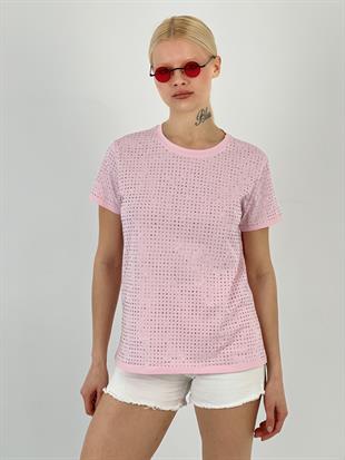 Kadın Taşlı Pembe Tişört