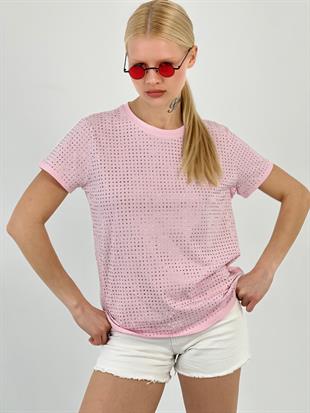 Kadın Taşlı Pembe Tişört