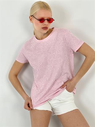 Kadın Taşlı Pembe Tişört