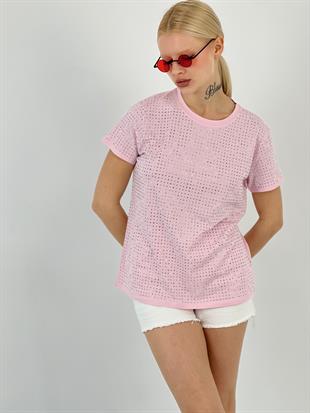 Kadın Taşlı Pembe Tişört