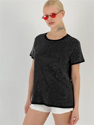 Kadın Taşlı Siyah Tişört