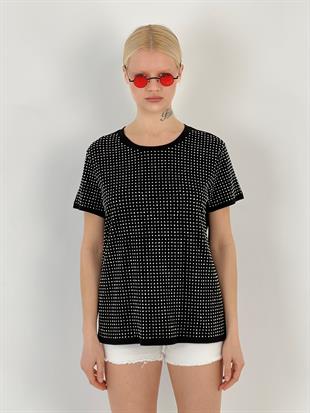 Kadın Taşlı Siyah Tişört