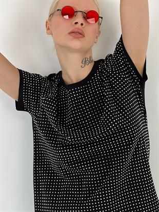 Kadın Taşlı Siyah Tişört