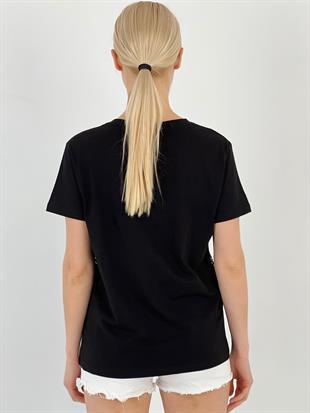 Kadın Taşlı Siyah Tişört