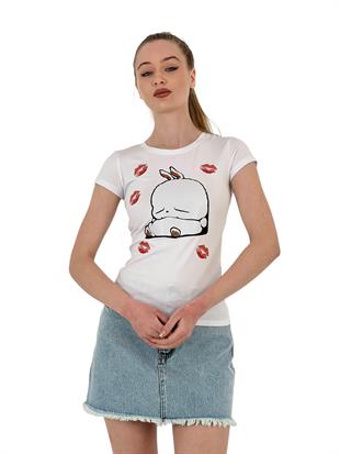 Kadın Tavşan Baskılı Kısa Kollu Dar Siyah Tişört