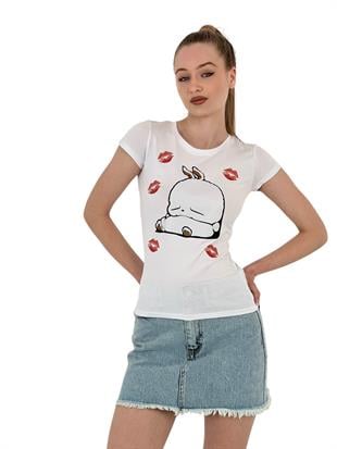 Kadın Tavşan Baskılı Kısa Kollu Dar Siyah Tişört