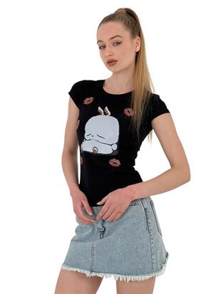 Kadın Tavşan Baskılı Kısa Kollu Dar Siyah Tişört