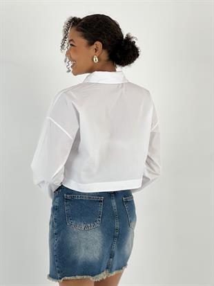 Kadın Tek Cep Leopar Varaklı Beyaz Crop Gömlek