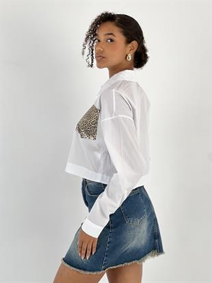Kadın Tek Cep Leopar Varaklı Beyaz Crop Gömlek