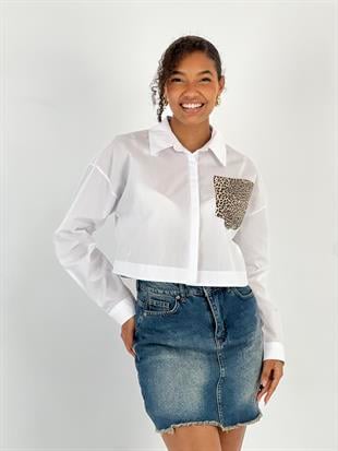 Kadın Tek Cep Leopar Varaklı Beyaz Crop Gömlek