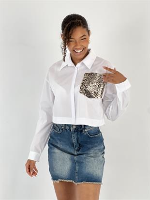 Kadın Tek Cep Leopar Varaklı Beyaz Crop Gömlek