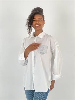 Kadın Tek Cep Taş İşlemeli Beyaz Gömlek