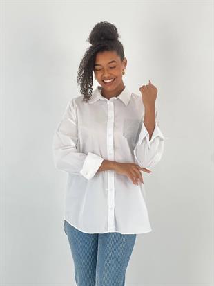 Kadın Tek Cep Taş İşlemeli Beyaz Gömlek