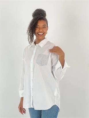 Kadın Tek Cep Taş İşlemeli Beyaz Gömlek