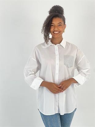 Kadın Tek Cep Taş İşlemeli Beyaz Gömlek