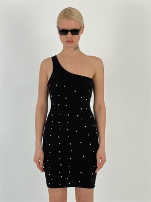 Kadın Tek Kol Askılı Taşlı Siyah Elbise