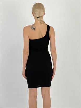 Kadın Tek Kol Askılı Taşlı Siyah Elbise