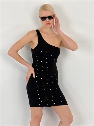 Kadın Tek Kol Askılı Taşlı Siyah Elbise