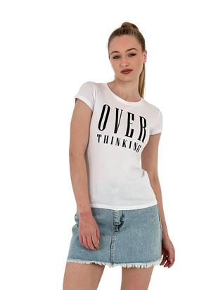 Kadın Thinking Baskılı Kısa Kollu Dar Fuşya Tişört