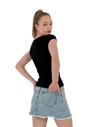 Kadın Thinking Baskılı Kısa Kollu Dar Fuşya Tişört