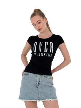 Kadın Thinking Baskılı Kısa Kollu Dar Fuşya Tişört