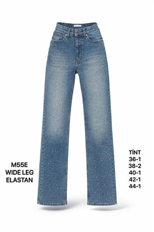 Kadın Tint Mavi Taş Detaylı Wide Leg Jean Pantolon-M55E-25