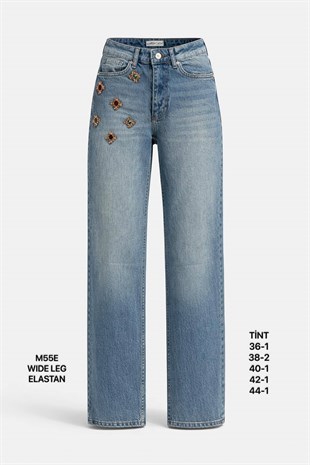 Kadın Tint Mavi Taş İşlemeli Geniş Paça Jean Pantolon-M55E-37