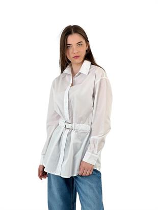 Kadın Transparan Beli Kemerli Uzun Beyaz Gömlek