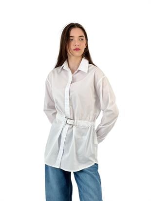 Kadın Transparan Beli Kemerli Uzun Beyaz Gömlek