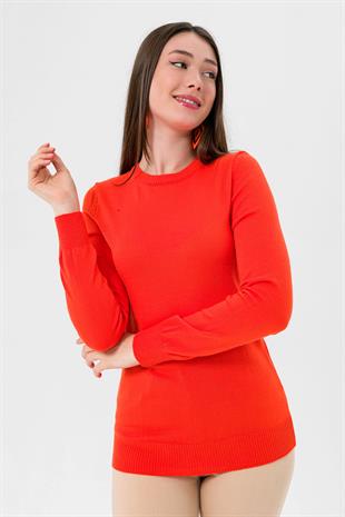 Kadın Uzun Bisiklet Yaka Basic Kışlık Oranj Triko Kazak