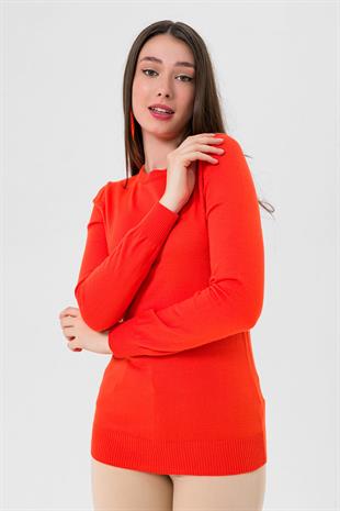 Kadın Uzun Bisiklet Yaka Basic Kışlık Oranj Triko Kazak