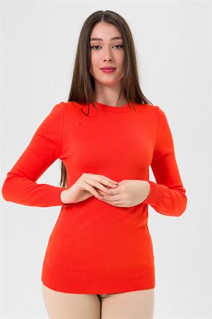 Kadın Uzun Bisiklet Yaka Basic Kışlık Oranj Triko Kazak