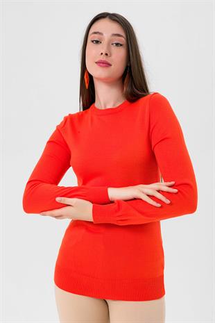 Kadın Uzun Bisiklet Yaka Basic Kışlık Oranj Triko Kazak