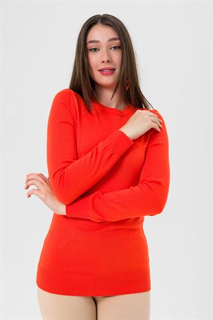 Kadın Uzun Bisiklet Yaka Basic Kışlık Oranj Triko Kazak