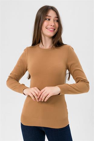 Kadın Uzun Bisiklet Yaka Basic Kışlık Camel Triko Kazak