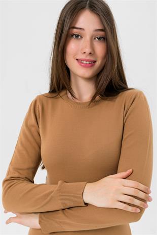 Kadın Uzun Bisiklet Yaka Basic Kışlık Camel Triko Kazak