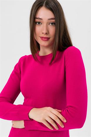 Kadın Uzun Bisiklet Yaka Basic Kışlık Fuşya Triko Kazak