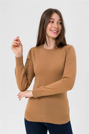 Kadın Uzun Bisiklet Yaka Basic Kışlık Camel Triko Kazak