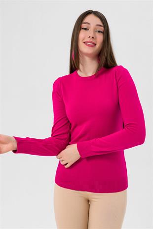 Kadın Uzun Bisiklet Yaka Basic Kışlık Fuşya Triko Kazak