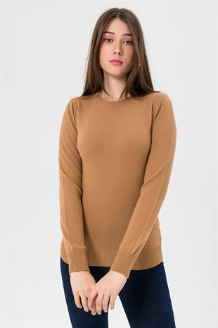 Kadın Uzun Bisiklet Yaka Basic Kışlık Camel Triko Kazak