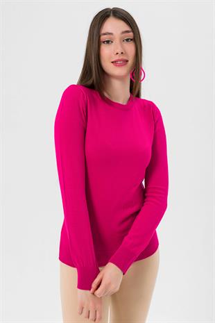 Kadın Uzun Bisiklet Yaka Basic Kışlık Fuşya Triko Kazak