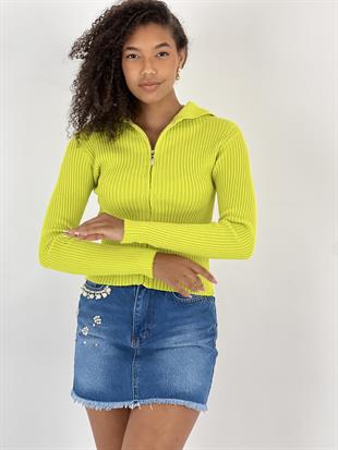 Kadın Uzun Kollu Fermuarlı Yeşil Polo Yaka Hırka