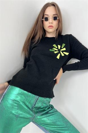 Kadın Uzun Neon İşlemeli Kışlık Siyah Triko Kazak