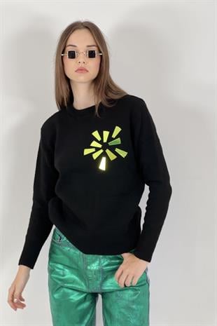 Kadın Uzun Neon İşlemeli Kışlık Siyah Triko Kazak