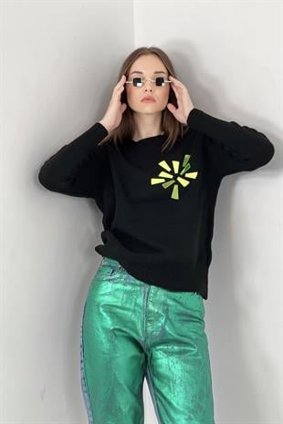 Kadın Uzun Neon İşlemeli Kışlık Siyah Triko Kazak