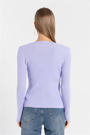 Kadın V Yaka Düğmeli Fitilli Lila Hırka